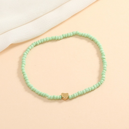Picture of Glass Boho Chic Bohemia Beaded Anklet Gold Plated Light Green Round Heart 21cm(8 2/8") long, 1 Piece