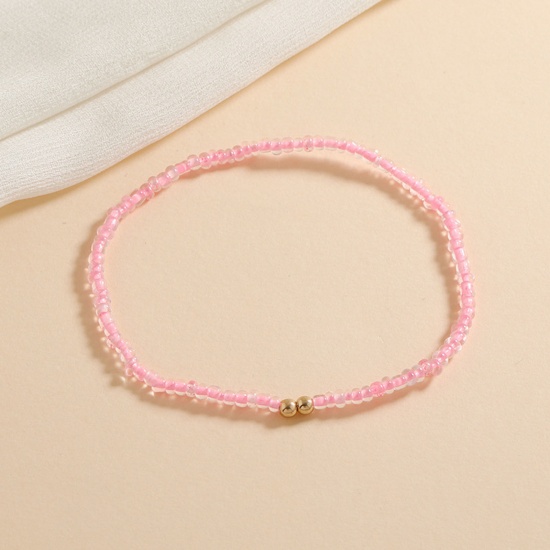 Picture of Glass Boho Chic Bohemia Beaded Anklet Gold Plated Pink Round 21cm(8 2/8") long, 1 Piece