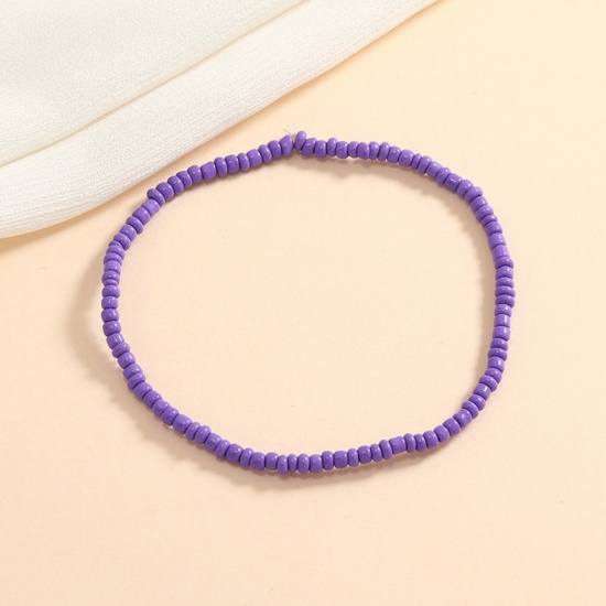 Image de Bracelet de Cheville Perlé Style Bohème en Verre Violet Rond 21cm long, 1 Pièce