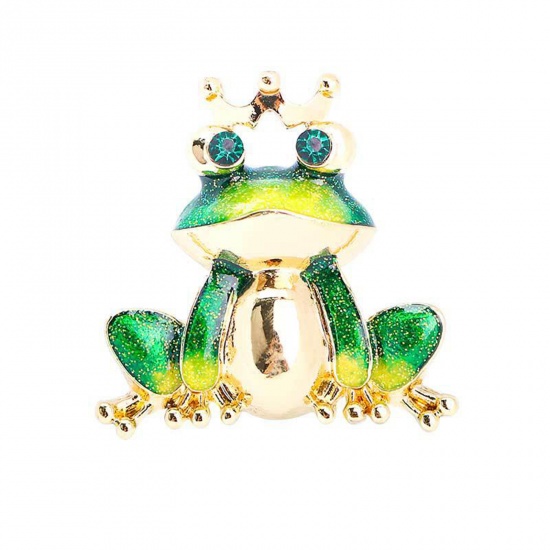 Picture of Fairy Tale Collection Pin Brooches Crown Frog Gold Plated Green Enamel Green Rhinestone 3cm x 3cm, 1 Piece