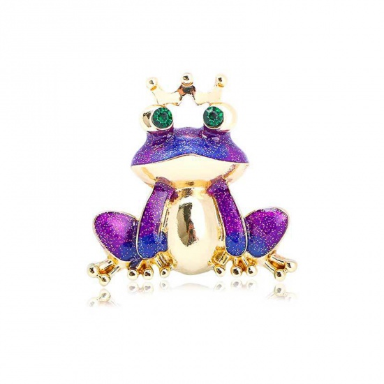 Picture of Fairy Tale Collection Pin Brooches Crown Frog Gold Plated Purple Enamel Green Rhinestone 3cm x 3cm, 1 Piece