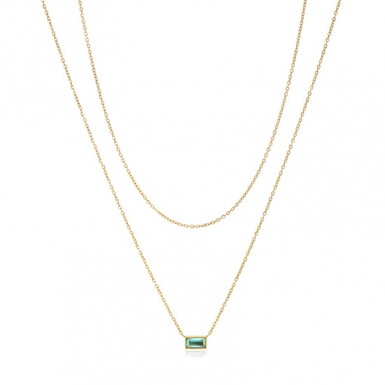 Picture of Wholesale Rectangle Aqua Blue Cubic Zirconia Multilayer Layered Necklace, 18K Real Gold Plated 304 Stainless Steel Link Cable Chain, Women's Eco-friendly PVD Waterproof Anti-Tarnish Hypoallergenic Exquisite Stylish Gift Jewelry For Retailer, 40cm(15.7") + 5cm(2") long, 1 Piece