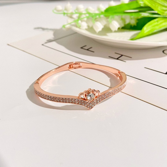 Picture of Exquisite Bangles Bracelets Rose Gold Heart Micro Pave Clear Rhinestone 18cm(7 1/8") long, 1 Piece