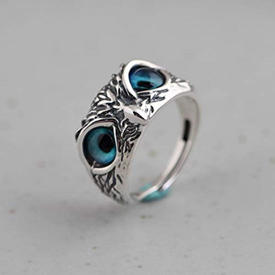 Bild von Retro Offen Verstellbar Ring Antiksilber Eule Blau Zirkonia 1 Stück