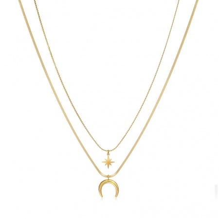 Picture of Wholesale Crescent Moon Double Horn Star Multilayer Layered Necklace, 14K Real Gold Plated 304 Stainless Steel Women's Eco-friendly PVD Waterproof Anti-Tarnish Hypoallergenic Exquisite Stylish Gift Jewelry For Retailer, 38cm(15") + 5cm(2") long, 1 Piece