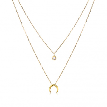 Picture of Wholesale Crescent Moon Double Horn Clear Cubic Zirconia Multilayer Layered Necklace, 14K Real Gold Plated 304 Stainless Steel Women's Eco-friendly PVD Waterproof Anti-Tarnish Hypoallergenic Exquisite Stylish Gift Jewelry For Retailer, 41cm(16.1") + 5cm(2") long, 1 Piece
