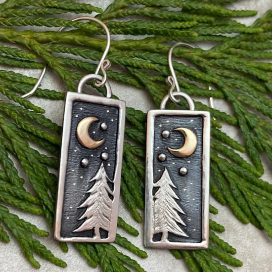 Picture of Retro Boho Chic Bohemia Ear Wire Hook Earrings Gray Rectangle Tree 6cm, 1 Pair