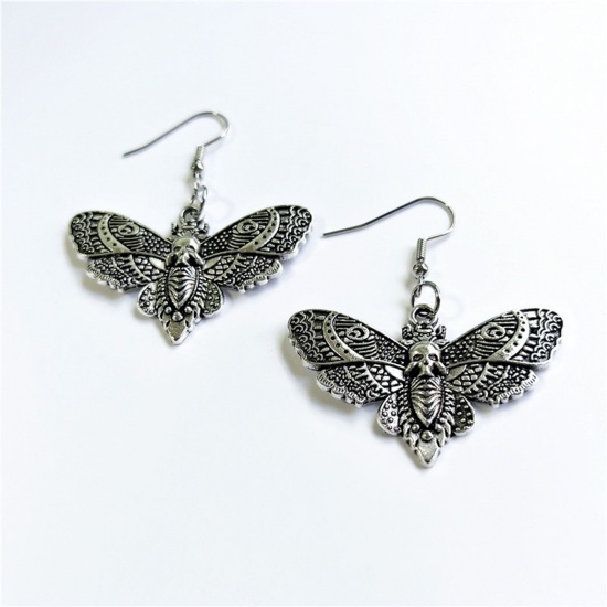Picture of Retro Boho Chic Bohemia Ear Wire Hook Earrings Antique Silver Color Butterfly Animal Skeleton Skull 4cm x 2cm, 1 Pair
