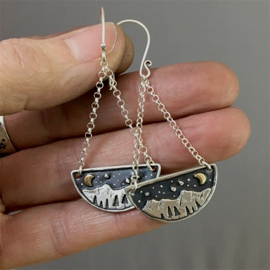 Picture of Retro Boho Chic Bohemia Ear Wire Hook Earrings Silver Tone Link Chain Mountain 6cm, 1 Pair