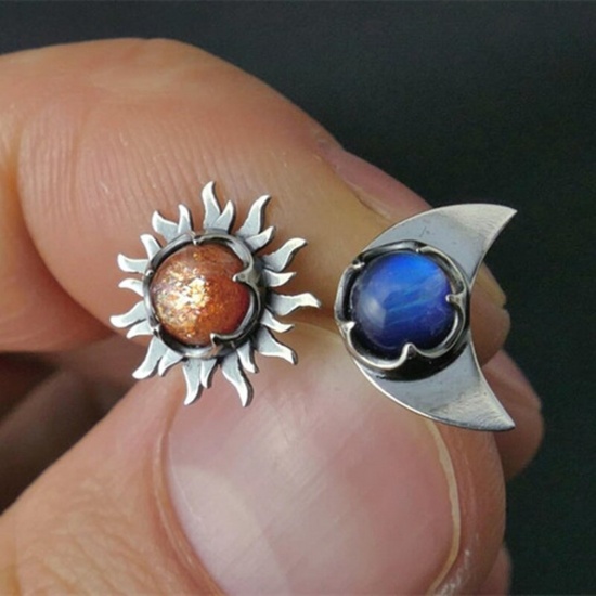 Picture of Galaxy Retro Asymmetric Earrings Antique Silver Color Blue & Golden Sun Moon Imitation Moonstone 2cm, 1 Pair