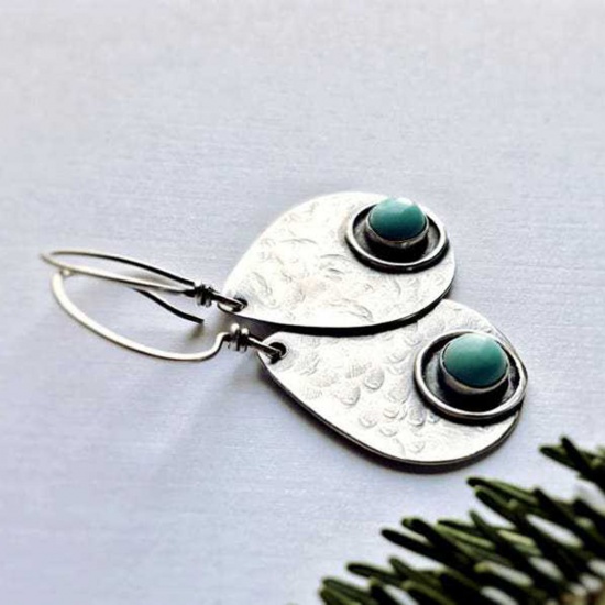 Picture of Retro Boho Chic Bohemia Ear Wire Hook Earrings Antique Silver Color Green Drop Round Imitation Gemstones 4cm, 1 Pair