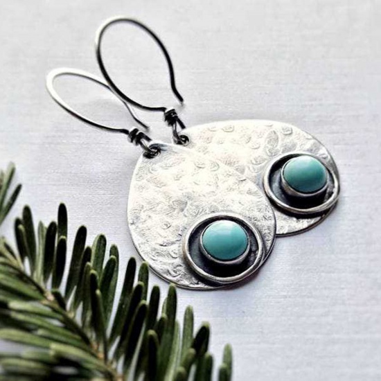 Picture of Retro Boho Chic Bohemia Ear Wire Hook Earrings Antique Silver Color Green Drop Round Imitation Gemstones 4cm, 1 Pair