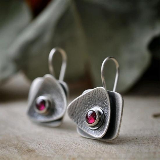 Picture of Retro Boho Chic Bohemia Ear Wire Hook Earrings Antique Silver Color Red Square Triangle Imitation Gemstones 2cm, 1 Pair