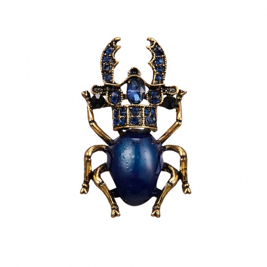 Picture of Retro Pin Brooches Insect Animal Gold Tone Antique Gold Enamel Royal Blue Rhinestone 4cm x 2.3cm, 1 Piece
