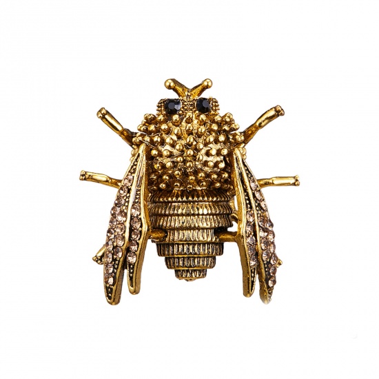 Picture of Retro Pin Brooches Insect Animal Gold Tone Antique Gold Enamel Yellow Rhinestone 3.2cm x 3cm, 1 Piece