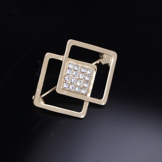Picture of Exquisite Pin Brooches Square Gold Plated Clear Rhinestone 3.3cm x 2.5cm, 1 Piece