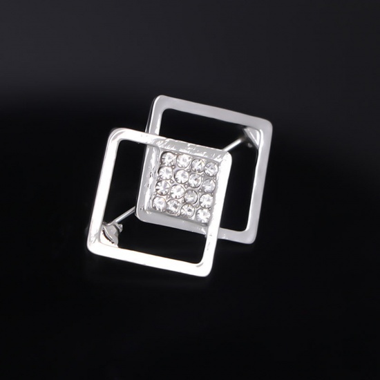 Picture of Exquisite Pin Brooches Square Silver Tone Clear Rhinestone 3.3cm x 2.5cm, 1 Piece