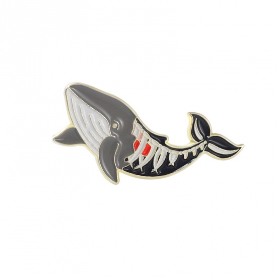 Picture of Halloween Pin Brooches Whale Animal Skeleton Skull Gold Plated Black & Gray Enamel 2.9cm x 1.3cm, 1 Piece