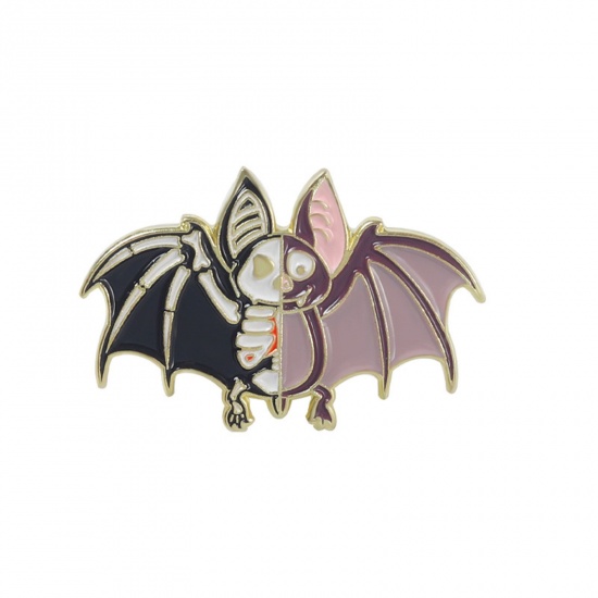 Picture of Halloween Pin Brooches Halloween Bat Animal Skeleton Skull Gold Plated Purple Gray Enamel 2.6cm x 1.8cm, 1 Piece