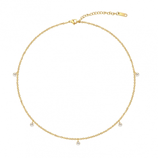Изображение Оптовая Прозрачный Искусственный Циркон Станционное колье, 18K настоящее золото с покрытием 304 Нержавеющая Сталь Женские Экологичное PVD Водонепроницаемый Антиоксидантный Гипоаллергенный Изысканный Стильный подарок Ювелирные Изделия для Розничного Торговца 43см + 5см Длина, 1 ШТ