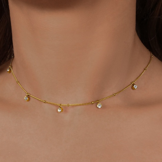 Picture of Wholesale Clear Cubic Zirconia Necklace, 18K Real Gold Plated 304 Stainless Steel Women's Eco-friendly PVD Waterproof Anti-Tarnish Hypoallergenic Exquisite Stylish Gift Jewelry For Retailer, 38cm(15") + 5cm(2") long, 1 Piece