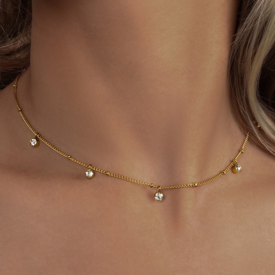 Picture of Wholesale Clear Cubic Zirconia Necklace, 18K Real Gold Plated 304 Stainless Steel Women's Eco-friendly PVD Waterproof Anti-Tarnish Hypoallergenic Exquisite Stylish Gift Jewelry For Retailer, 38cm(15") + 5cm(2") long, 1 Piece