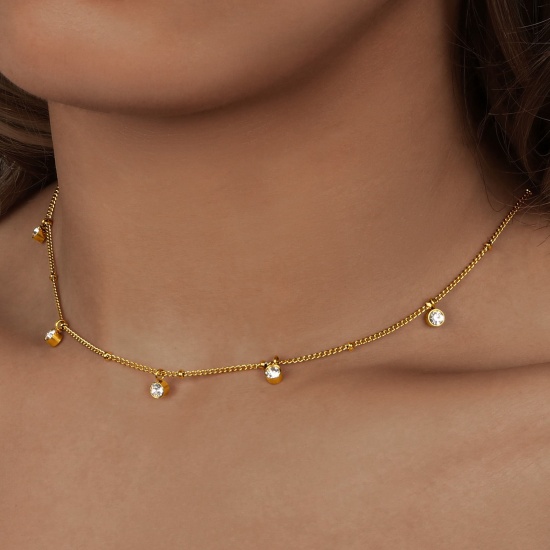 Picture of Wholesale Clear Cubic Zirconia Necklace, 18K Real Gold Plated 304 Stainless Steel Women's Eco-friendly PVD Waterproof Anti-Tarnish Hypoallergenic Exquisite Stylish Gift Jewelry For Retailer, 38cm(15") + 5cm(2") long, 1 Piece