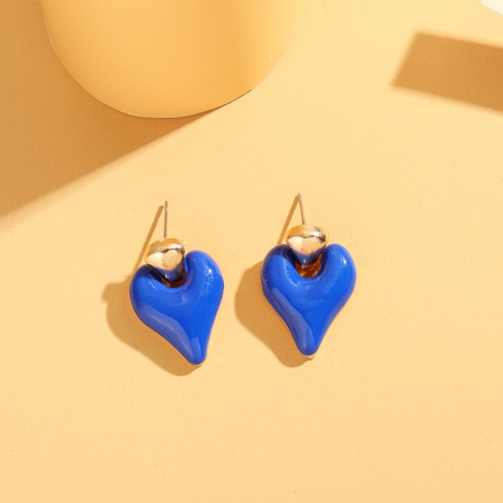 Immagine di Stile Ins Orecchini a Perno Oro Placcato Blu Cuore Smalto 2.6cm x 1.8cm, 1 Paio