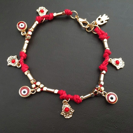 Picture of Ethnic Braided Bracelets Gold Plated Red Evil Eye Hamsa Symbol Hand 18cm(7 1/8") long, 1 Piece