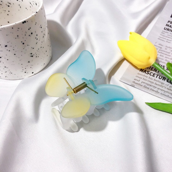 Picture of Resin Stylish Hair Claw Clips Clamps Yellow & Blue Butterfly Animal 6.8cm x 5.7cm, 1 Piece