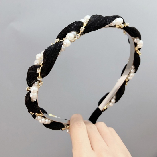 Imagen de Acrílico Elegante Cinta de pelo Negro Trenzado Imitación de perla 15cm Dia., 1 Unidad