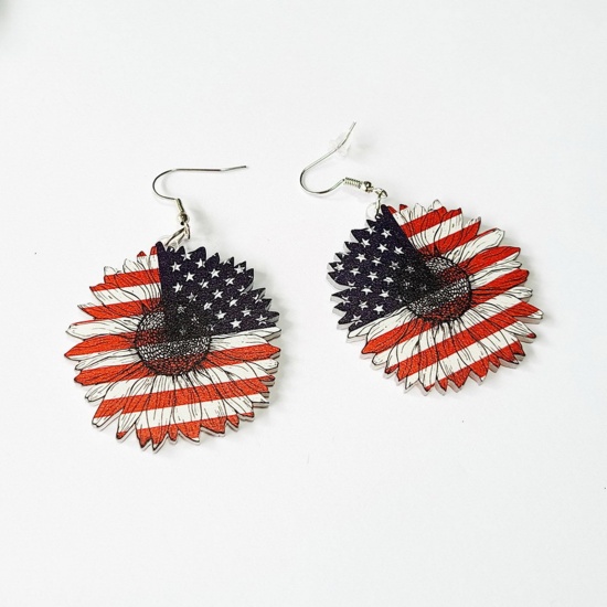 Picture of Acrylic American Independence Day Ear Wire Hook Earrings Silver Tone Multicolor Sunflower Flag Of The United States 4.5cm x 4.5cm, 1 Pair