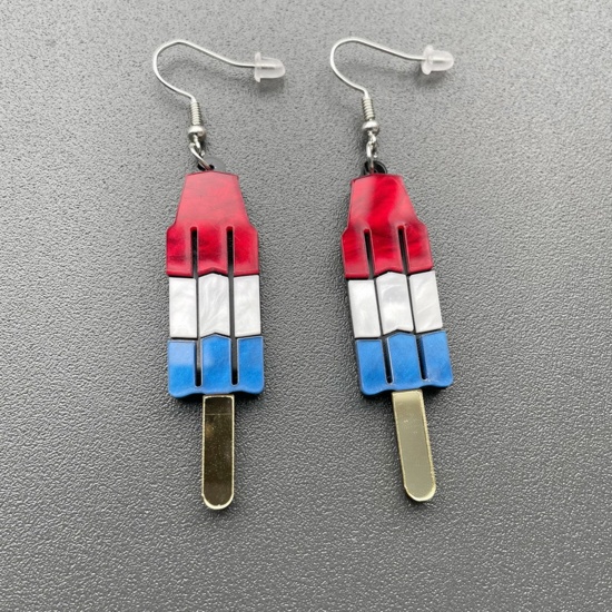 Picture of Acrylic American Independence Day Ear Wire Hook Earrings Silver Tone Multicolor Ice Lolly Flag Of The United States 8.4cm x 2cm, 1 Pair