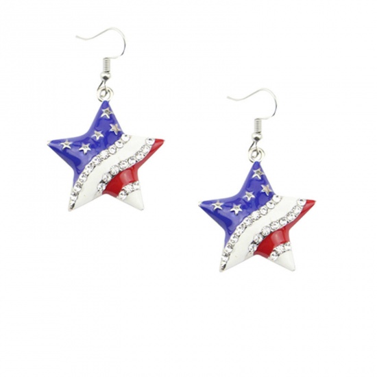Picture of American Independence Day Ear Wire Hook Earrings Silver Tone Multicolor Pentagram Star Flag Of The United States Enamel Clear Rhinestone 3cm x 3cm, 1 Pair