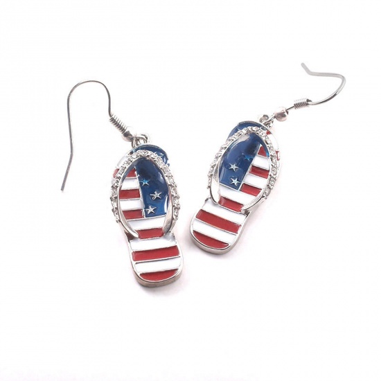 Picture of American Independence Day Ear Wire Hook Earrings Silver Tone Multicolor Flip Flops Slipper Flag Of The United States Enamel Clear Rhinestone 2.9cm x 1cm, 1 Pair