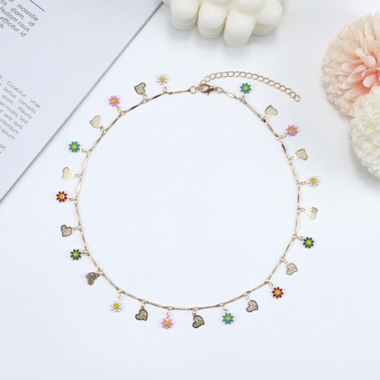 Picture of Ins Style Choker Necklace Gold Plated Multicolor Tassel Heart Daisy Flower Enamel 35cm(13 6/8") long, 1 Piece