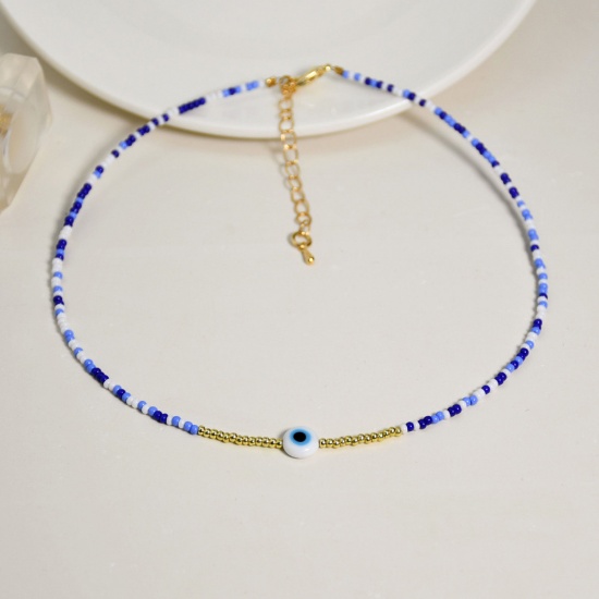 Immagine di Lampwork Vetro Perle di Semi Collana Oro Placcato Blu Malocchio lunghezza: 34cm, 1 Pz