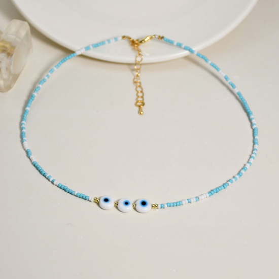 Immagine di Lampwork Vetro Perle di Semi Collana Oro Placcato Blu Chiaro Malocchio lunghezza: 36cm, 1 Pz