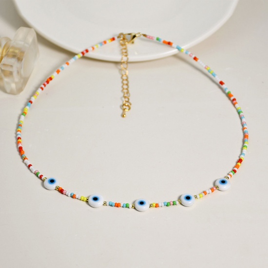 Immagine di Lampwork Vetro Perle di Semi Collana Oro Placcato Multicolore Malocchio lunghezza: 38cm, 1 Pz