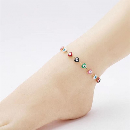 Picture of Copper Religious Anklet Gold Plated Multicolor Evil Eye Heart Enamel 21cm(8 2/8") long, 1 Piece
