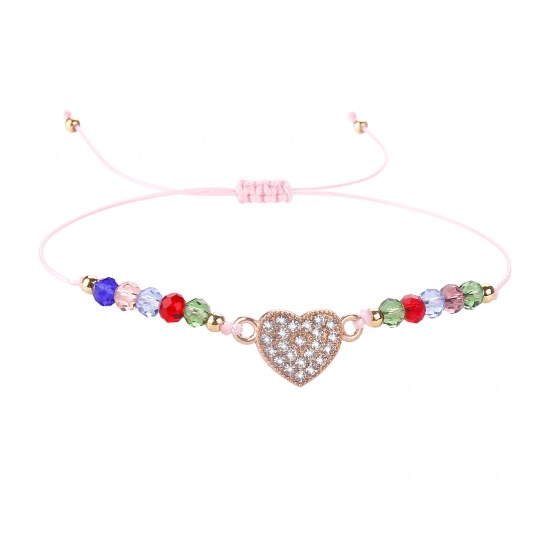 Picture of Polyester Stylish Braided Bracelets Gold Plated Multicolor Heart Beaded Clear Rhinestone 16-20cm long, 1 Piece