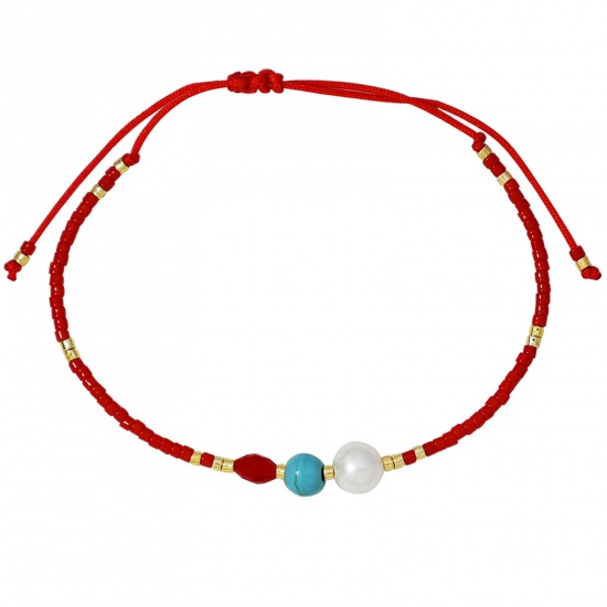 Image de Bracelets Tressés Style Bohème en Perles de Culture d'Eau Douce Doré Rouge Baroque Perlé 16-24cm long, 1 Pièce