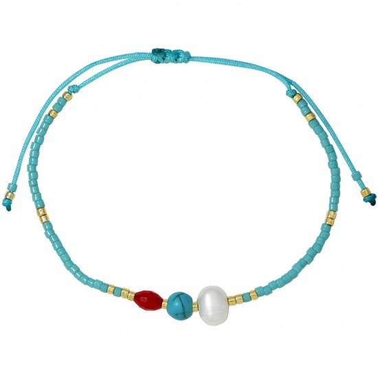 Image de Bracelets Tressés Style Bohème en Perles de Culture d'Eau Douce Doré Bleu Baroque Perlé 16-24cm long, 1 Pièce