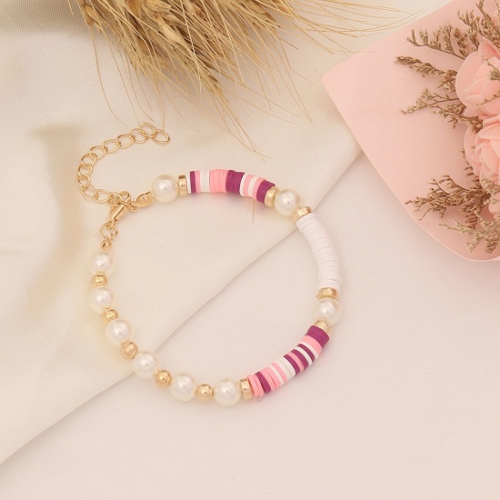 Picture of Polymer Clay & Acrylic Boho Chic Bohemia Dainty Bracelets Delicate Bracelets Beaded Bracelet Gold Plated Pink Imitation Pearl 18cm(7 1/8") long, 1 Piece