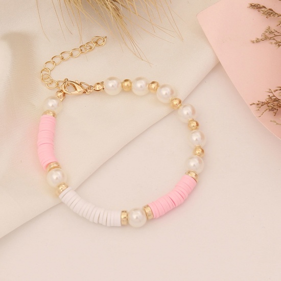 Picture of Polymer Clay & Acrylic Boho Chic Bohemia Dainty Bracelets Delicate Bracelets Beaded Bracelet Gold Plated Pink Imitation Pearl 18cm(7 1/8") long, 1 Piece