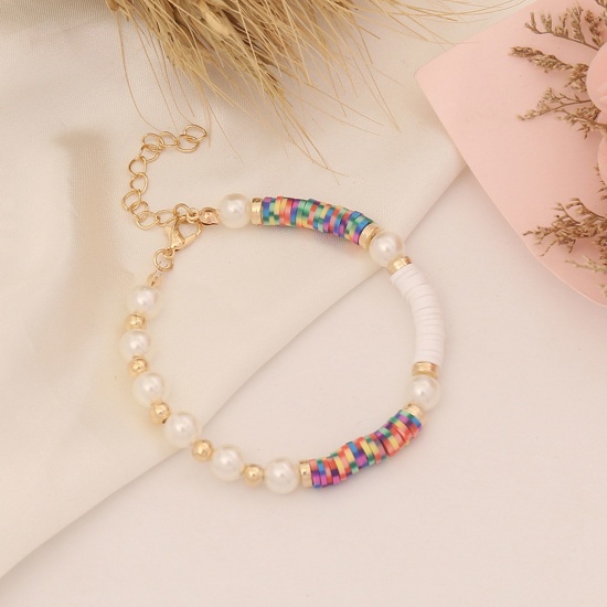 Image de Bracelets Raffinés Bracelets Délicats Bracelet de Perles Style Bohème en Pâte Polymère & Acrylique Doré Multicolore Imitation Perles 18cm long, 1 Pièce