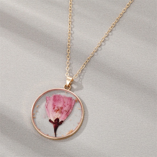 Picture of Resin & Real Dried Flower Birth Month Flower Necklace Gold Plated Pink Round August 45cm(17 6/8") long, 1 Piece