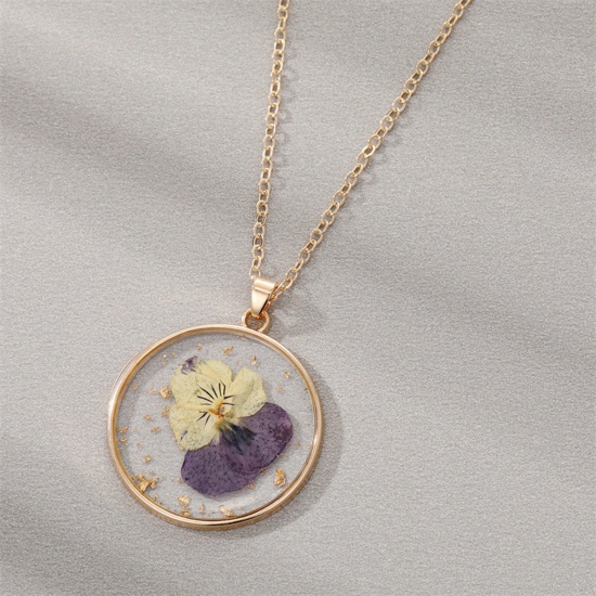 Picture of Resin & Real Dried Flower Birth Month Flower Necklace Gold Plated White & Purple Round February 45cm(17 6/8") long, 1 Piece