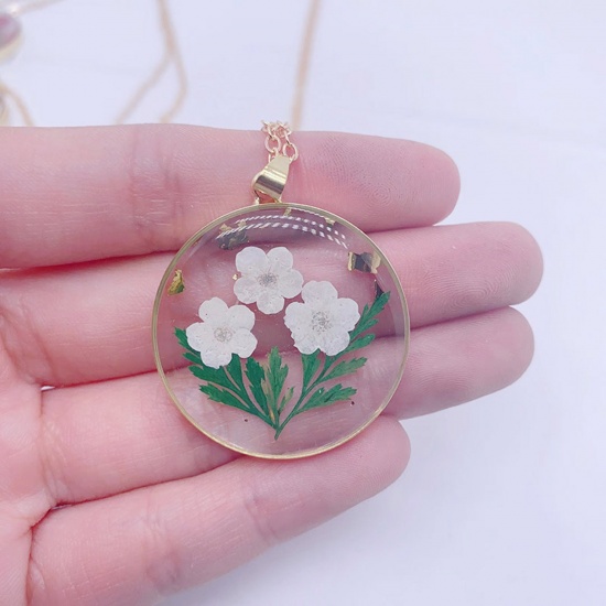 Picture of Resin & Real Dried Flower Birth Month Flower Necklace Gold Plated Creamy-White Round May 45cm(17 6/8") long, 1 Piece