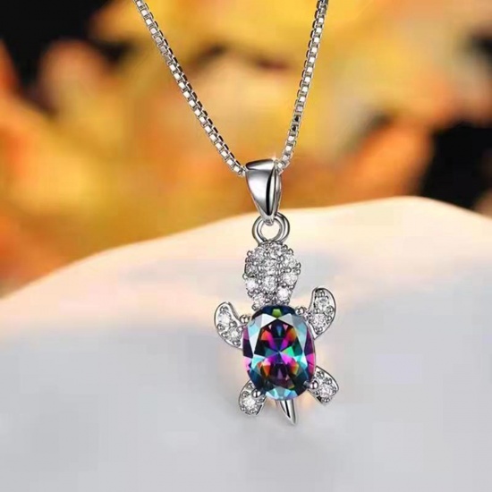 Picture of Ocean Jewelry Necklace Silver Tone Multicolor Tortoise Animal Clear Rhinestone Imitation Crystal 45cm(17 6/8") long, 1 Piece